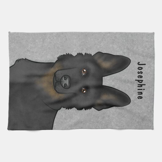 Bi-Black German Shepherd Hund Kopf und Name Grau Geschirrtuch (Horizontal)