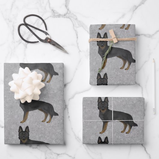 Bi-Black German Shepherd Niedlich Cartoon Dog Desi Geschenkpapier Set (Vorderseite)