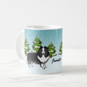 Bi-Black Sheltie Cartoon Hund im Winter & Name Kaffeetasse (Vorderseite Links)