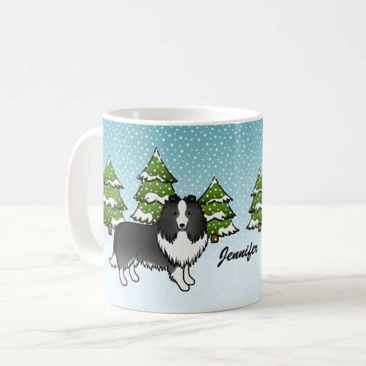 Bi-Black Sheltie Cartoon Hund im Winter & Name Kaffeetasse (Vorderseite Links)