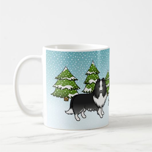 Bi-Black Sheltie Cartoon Hund im Winter & Name Kaffeetasse (Links)