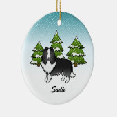 Bi-Black Sheltie Cartoon Hund im Winter & Name Keramik Ornament (Rechts)