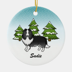 Bi-Black Sheltie Cartoon Hund im Winter & Name Keramik Ornament