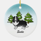 Bi-Black Sheltie Cartoon Hund im Winter & Name Keramik Ornament (Hinten)