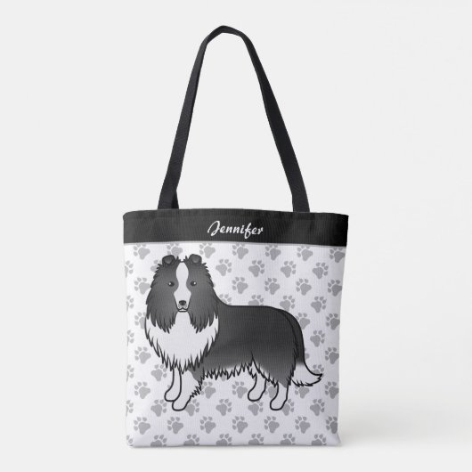 Bi-Black Shetland Sheepdog Cartoon Dog & Name Tasche (Rückseite)