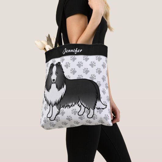 Bi-Black Shetland Sheepdog Cartoon Dog & Name Tasche (Von Nahem)