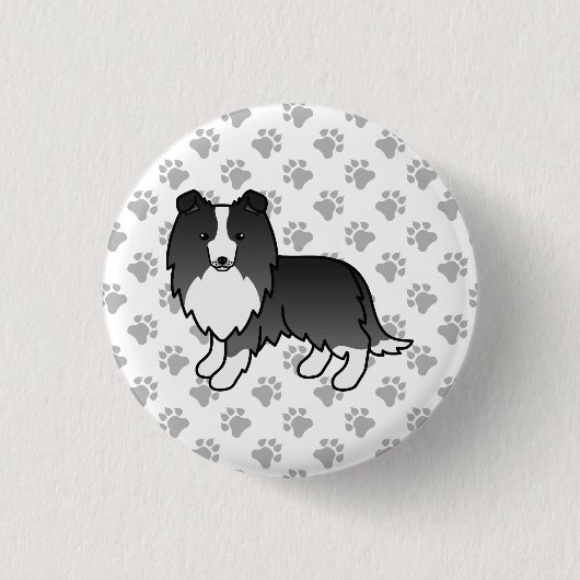Bi-Black Shetland Sheepdog Cartoon Dog & Paws Button (Vorderseite)