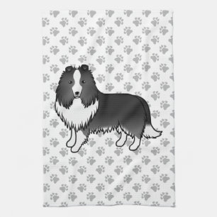 Bi-Black Shetland Sheepdog Cartoon Dog & Paws Geschirrtuch