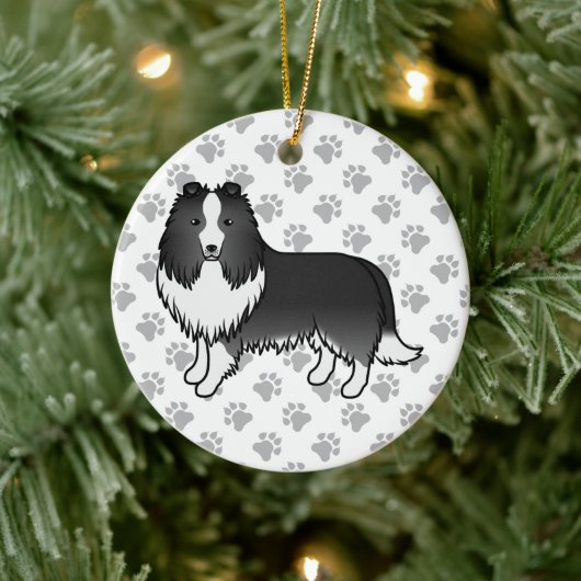 Bi-Black Shetland Sheepdog Cartoon Dog & Paws Keramik Ornament (Baum)