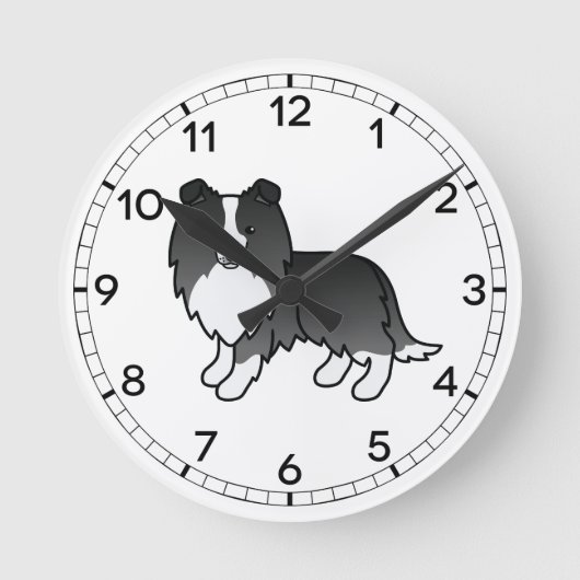 Bi-Black Shetland Sheepdog Cartoon Dog Zeichnend Runde Wanduhr (Vorderseite)