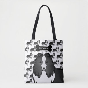 Bi-Black Shetland Sheepdog Hund und Knochen & Name Tasche