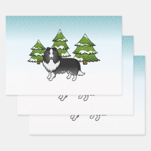 Bi-Black Shetland Sheepdog im Winterwald Geschenkpapier Set