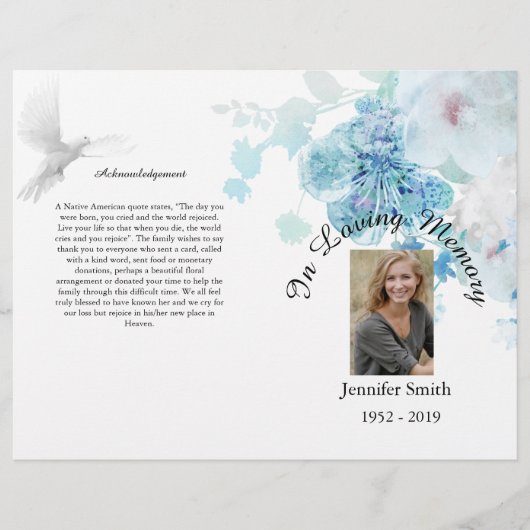 Bi-Fold Blue Floral Dove Funeral Programm Flyer (Vorne)