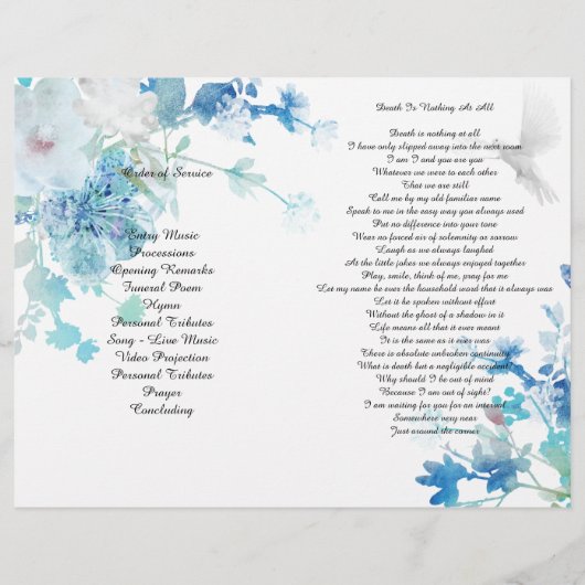 Bi-Fold Blue Floral Dove Funeral Programm Flyer (Hinten)