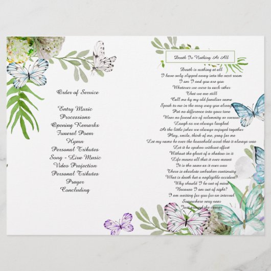 Bi-Fold Butterfly Garden Funeral Program Flyer (Hinten)