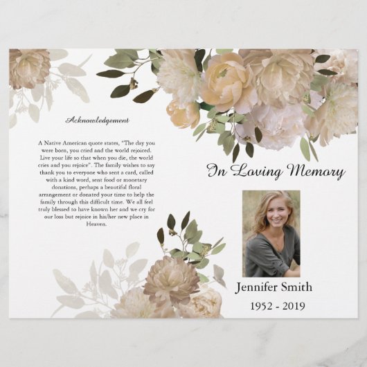 Bi-Fold Creme Tan Peony Trauerprogramm Flyer (Vorne)