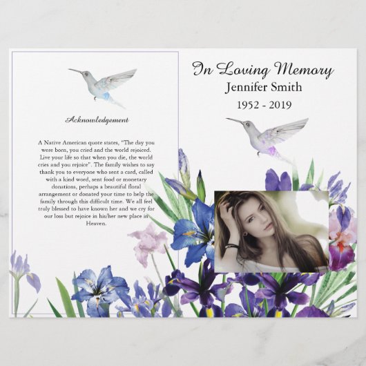 Bi-Fold Lila Irish Hummingbird Funeral Program Flyer (Vorne)