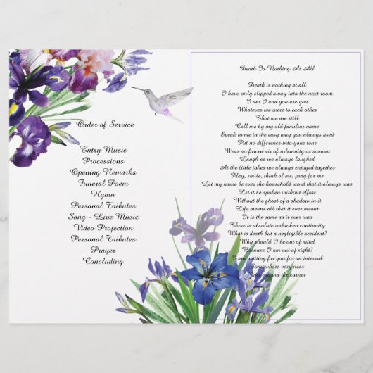 Bi-Fold Lila Irish Hummingbird Funeral Program Flyer (Hinten)