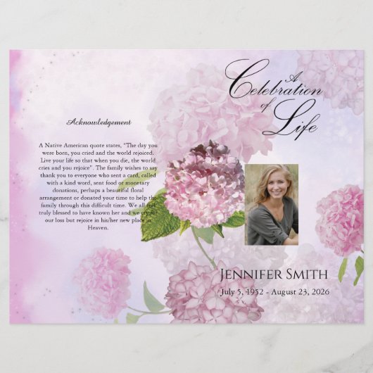 Bi-Fold Pink Hydrangeas Beerdigung Programm Flyer (Vorne)