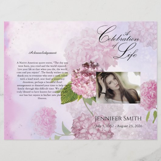 Bi-Fold Pink Hydrangeas Beerdigung Programm Flyer (Vorne)