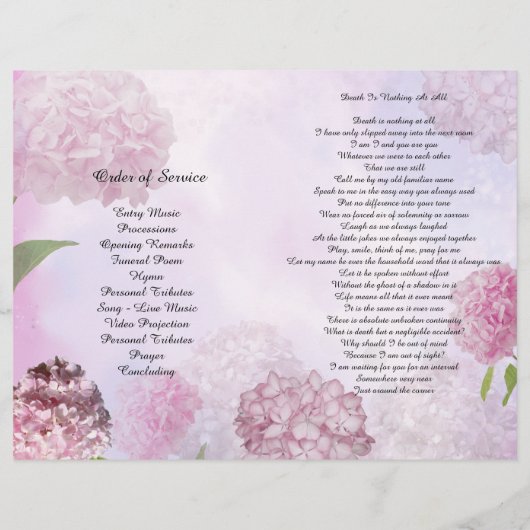 Bi-Fold Pink Hydrangeas Beerdigung Programm Flyer (Hinten)