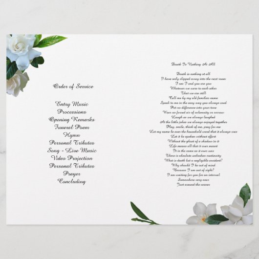 Bi-Fold White Gardenia Beerdigung Programm Flyer (Hinten)