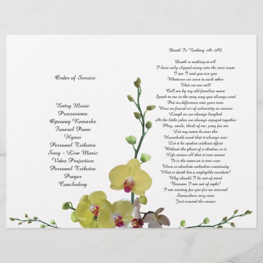 Bi-Fold Yellow Orchids Begräbnisprogramm Flyer (Hinten)
