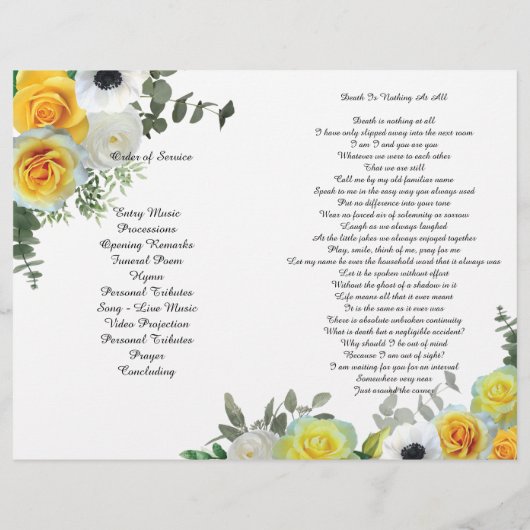 Bi-Fold-Yellow Roses-Beerdigung Flyer (Hinten)