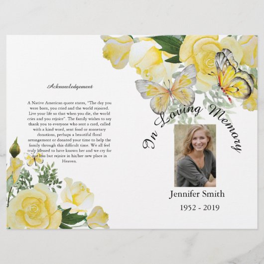 Bi-Fold Yellow Roses Butterfly Funeral Program Flyer (Vorne)