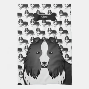 Bi-Schwarze Cartoon-Sheltie mit Hundeknochen und N Geschirrtuch
