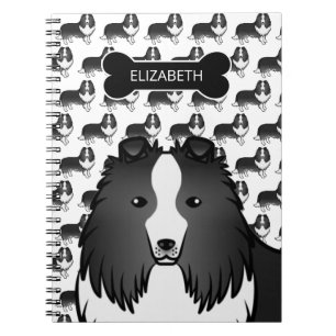 Bi-Schwarze Cartoon-Sheltie mit Hundeknochen und N Notizblock