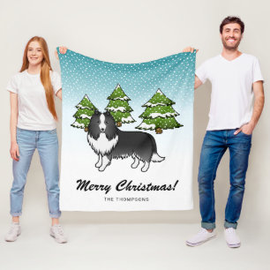 Bi-Schwarzer Sheltie-Cartoon-Hund im Winter & Text Fleecedecke