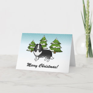 Bi-Schwarzer Sheltie-Cartoon-Hund im Winter & Text Karte