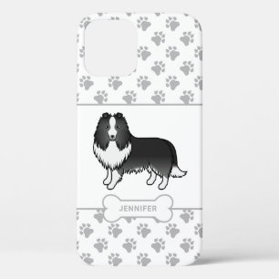 Bi-schwarzer Sheltie mit Paws, Dog Bone und Name Case-Mate iPhone Hülle