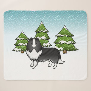 Bi-schwarzer Shetland-Schäferhund in einem Winterw Sherpadecke