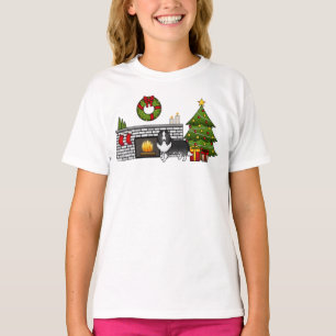 Bi-Schwarzer Shetland Sheepdog Hund in einem Weihn T-Shirt