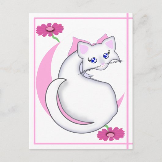 Bianca Toon Kitty Tickled Pinks w Blume Postkarte (Vorderseite)