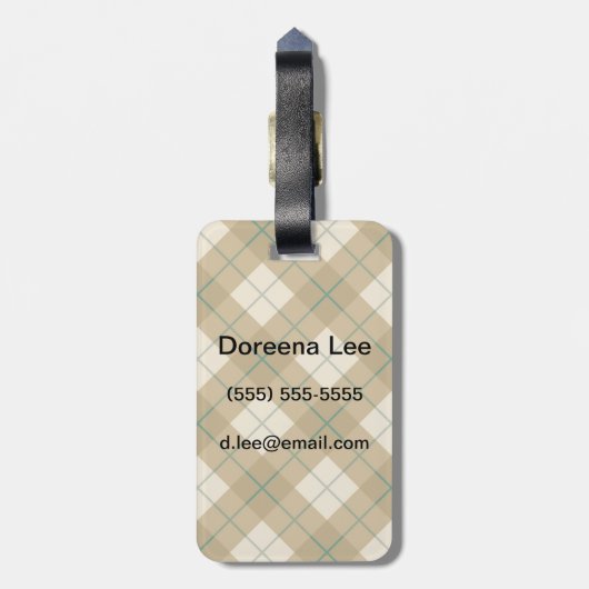 Bias Kariert in Gold mit grünem Streifen Gepäckanhänger (Rückseite vertikal)