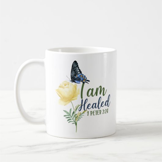 Bibel Verse Ich bin heilt 1 Peter 2:24 Schmetterli Kaffeetasse (Links)