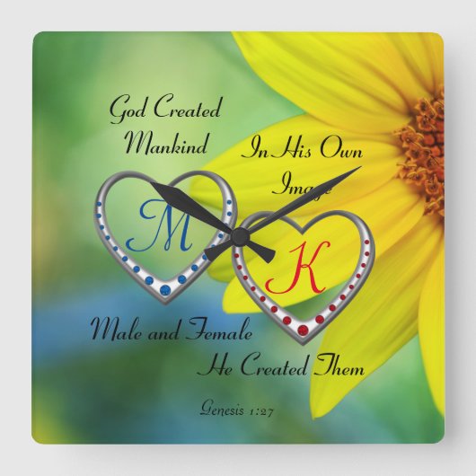 Bibelschrift Text mit Doppelherz-Monogrammen T Quadratische Wanduhr (Vorderseite)