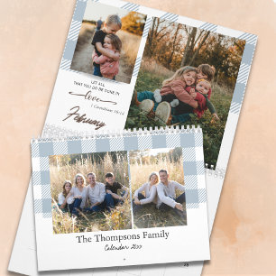 Bibelvers staubblaues Büffelkaromuster Familienfot Kalender