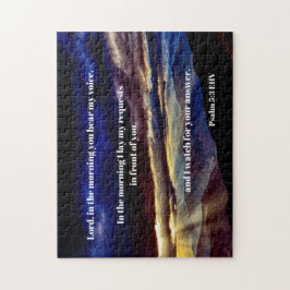 Bibelverse bei Sonnenaufgang über den Bergen Puzzle