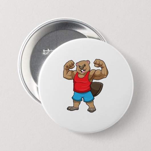 Biber als Bodybuilder mit großen Oberarmen Button (Vorne & Hinten)