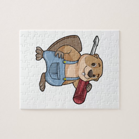 Biber als Handwerker mit Wrench Puzzle (Horizontal)