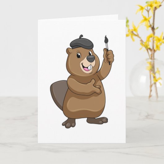 Biber als Maler mit Pinsel Karte (Gelbe Blume)