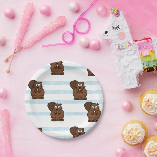 Biber auf blauen Streifen Pappteller (Party)