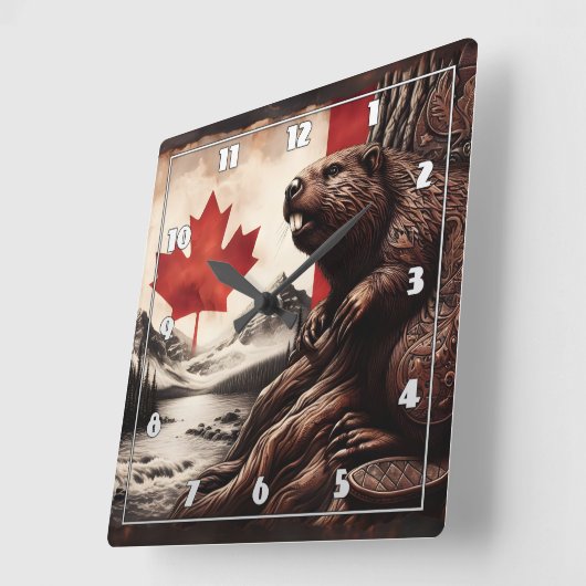 Biber auf einem Baum mit kanadischer Flagge und Be Quadratische Wanduhr (Winkel)