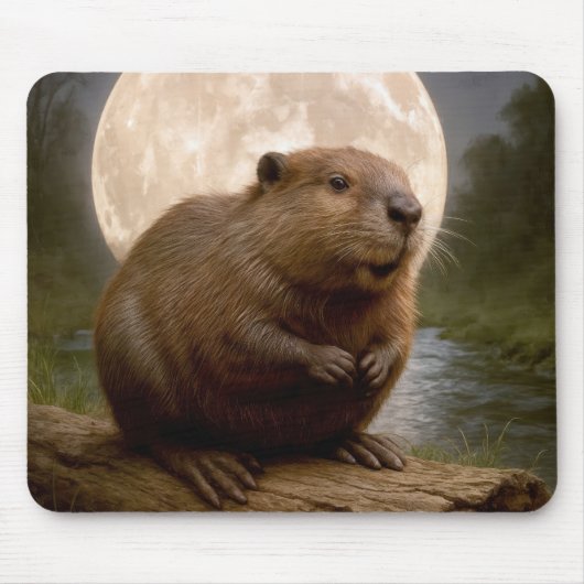 Biber auf einem Baumstamm bei Vollmond Mousepad (Vorne)