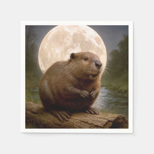 Biber auf einem Baumstamm bei Vollmond Serviette (Vorderseite)