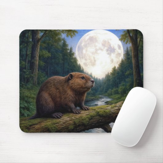 Biber auf einem Flussstamm im Mondlicht Mousepad (Mit Mouse)